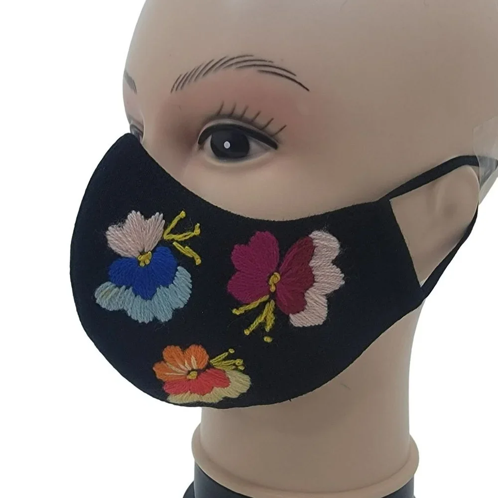 New Cover Face ear loop Women Black Mask Embroidered handmade big Flowers roses